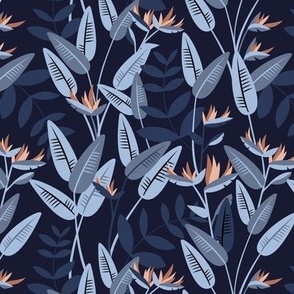 Tropical birds of paradise garden exotic island leaves and flowers hawaii design caramel sienna baby blue on navy blue