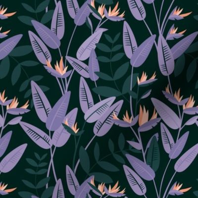 Tropical birds of paradise garden exotic island leaves and flowers hawaii design lilac purple pine green peach blush