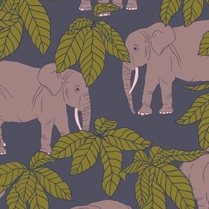 Elephants and Jungle Plants on Deep Blue