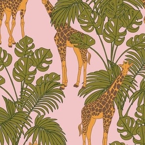 Giraffes and Monstera on Pink