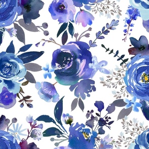 Classic Blue Watercolor Floral  (Extra Large Size Repeat)