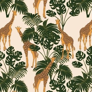 Giraffes and Monstera on Cream (small)