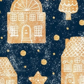 Gingerbread town houses on navy - large scale