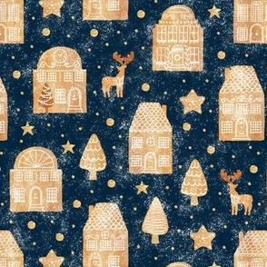 Gingerbread town houses on navy - small scale