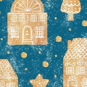 Gingerbread town houses on peacock blue