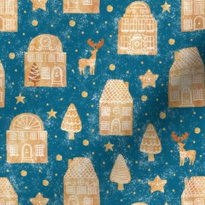 Gingerbread town houses on peacock blue - small scale
