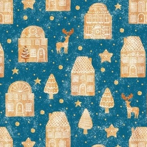 Gingerbread town houses on peacock blue - small scale