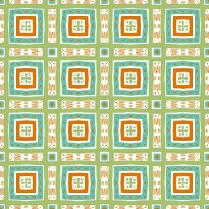 Squares - folk art style geometric - turquoise, coral, green and white - grid - bright