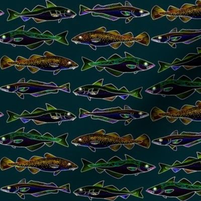 4 cod fish as lines on deep sea green