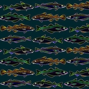 4 cod fish as lines on deep sea green