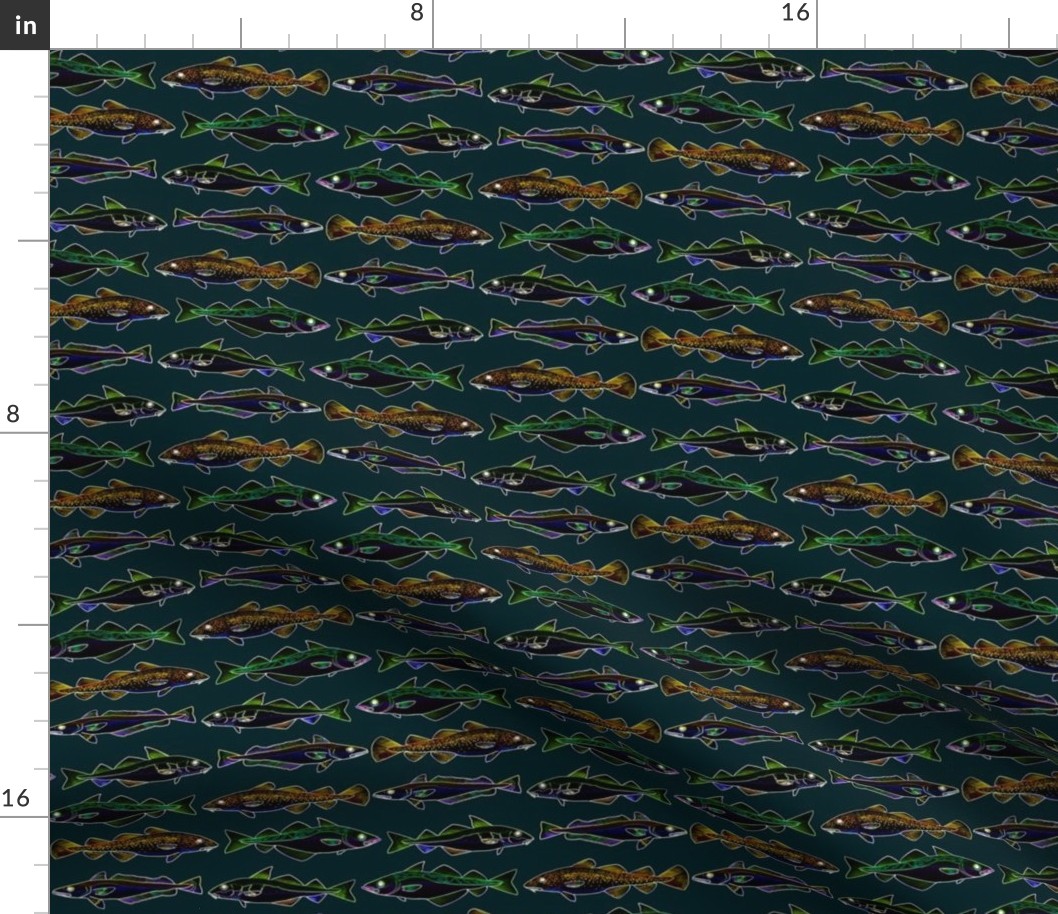 4 cod fish as lines on deep sea green