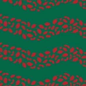 Tossed Floating Herbs & Spices wavy Stripe Coordinate, red on pine green background