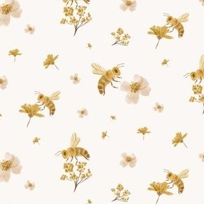 vintage ditsy bees and florals in watercolor monochrome yellow - medium