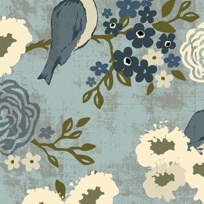 Blue Birds & Blush Blooms - Blue - Jumbo