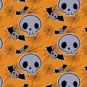 Spooky Cartoon Skulls and Bats (Orange and Grey)