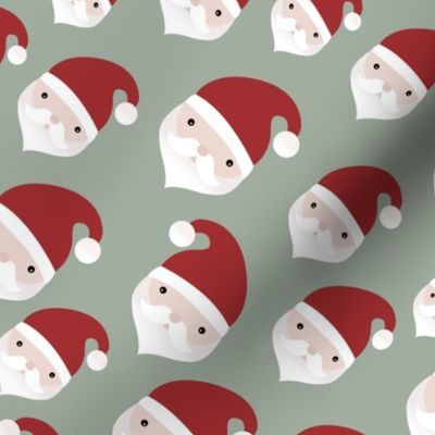 Little kawaii santa faces sweet christmas design minimalist kids pattern red olive sage green diagonal rotated