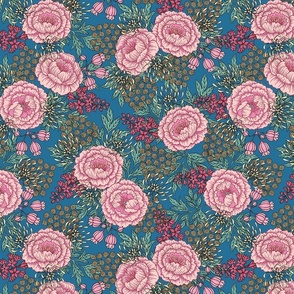 Medium-Pink Peonies on Blue