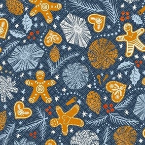 festive with gingerbread man and hearts on dark blue - smaller scale - petal solid coordinate /navy, desert sun, fog 