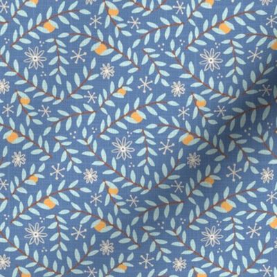 M- branches with oranges on blue - Nr.1. Coordinate for Peaceful Forest- 5"fabric / 3" wallpaper