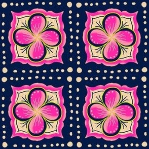 Single tiled pink four petal flowers on navy background 6 inch blocks