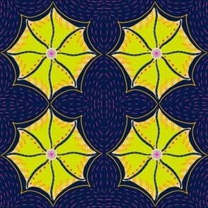 Yellow hexagonal flowers on navy background, geometric 6” tile