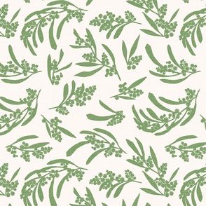 small scale scattered wattle silhouette linen - moss green on cream