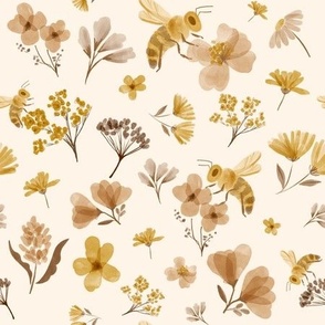 vintage ditsy bees and florals in watercolor monochrome yellow - small scale