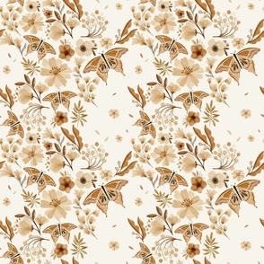 vintage butterfly in floral spring garden in light tan and ochre brown -large
