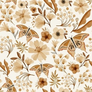 vintage butterfly in floral spring garden in light tan and ochre brown