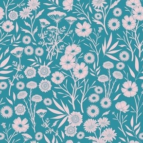 Dainty Cotton Candy Pink Wildflower Silhouettes in Lagoon Blue