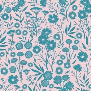 Dainty Lagoon Blue Wildflower Silhouettes in Cotton Candy Pink