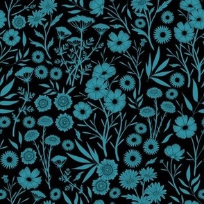 Dainty Lagoon Blue Wildflower Silhouettes in Black