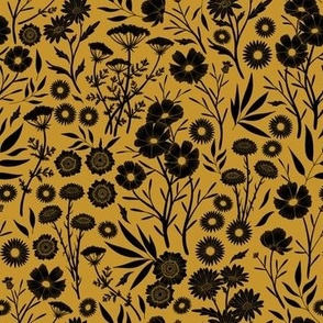 Dainty Black Wildflower Silhouettes in Mustard