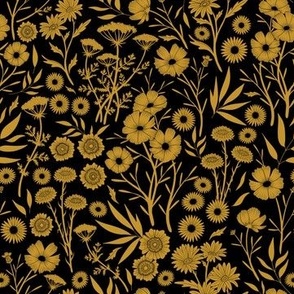 Dainty Black Wildflower Silhouettes in Mustard