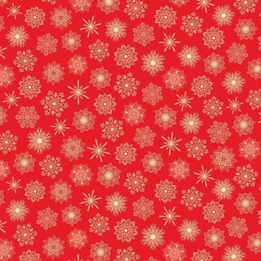 Smaller Scale Red Yellow Elegant Snowflakes Festive Winter Holidays Print