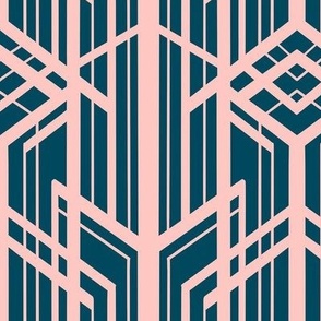 Art Deco Geometric Skyscrapers in Captain's Blue and Saturated Blush Pink