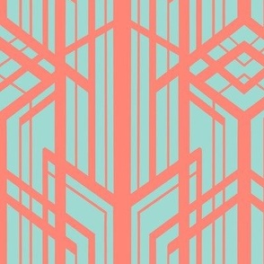 Art Deco Geometric Skyscrapers in Coral and Mint