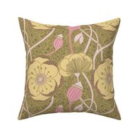 Intertwined Poppy flowers in yellow with pink accents