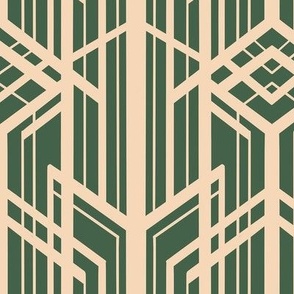 Art Deco Geometric Skyscrapers in Retro Cream on Green