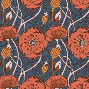 Intertwined Poppy flowers in blue and terracotta