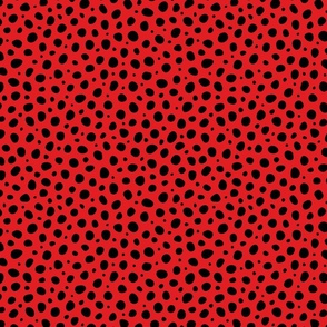 Cotton Fabric with Black Dots Scattered on Red Background