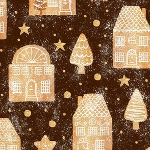 Gingerbread town houses on cocoa brown - medium scale