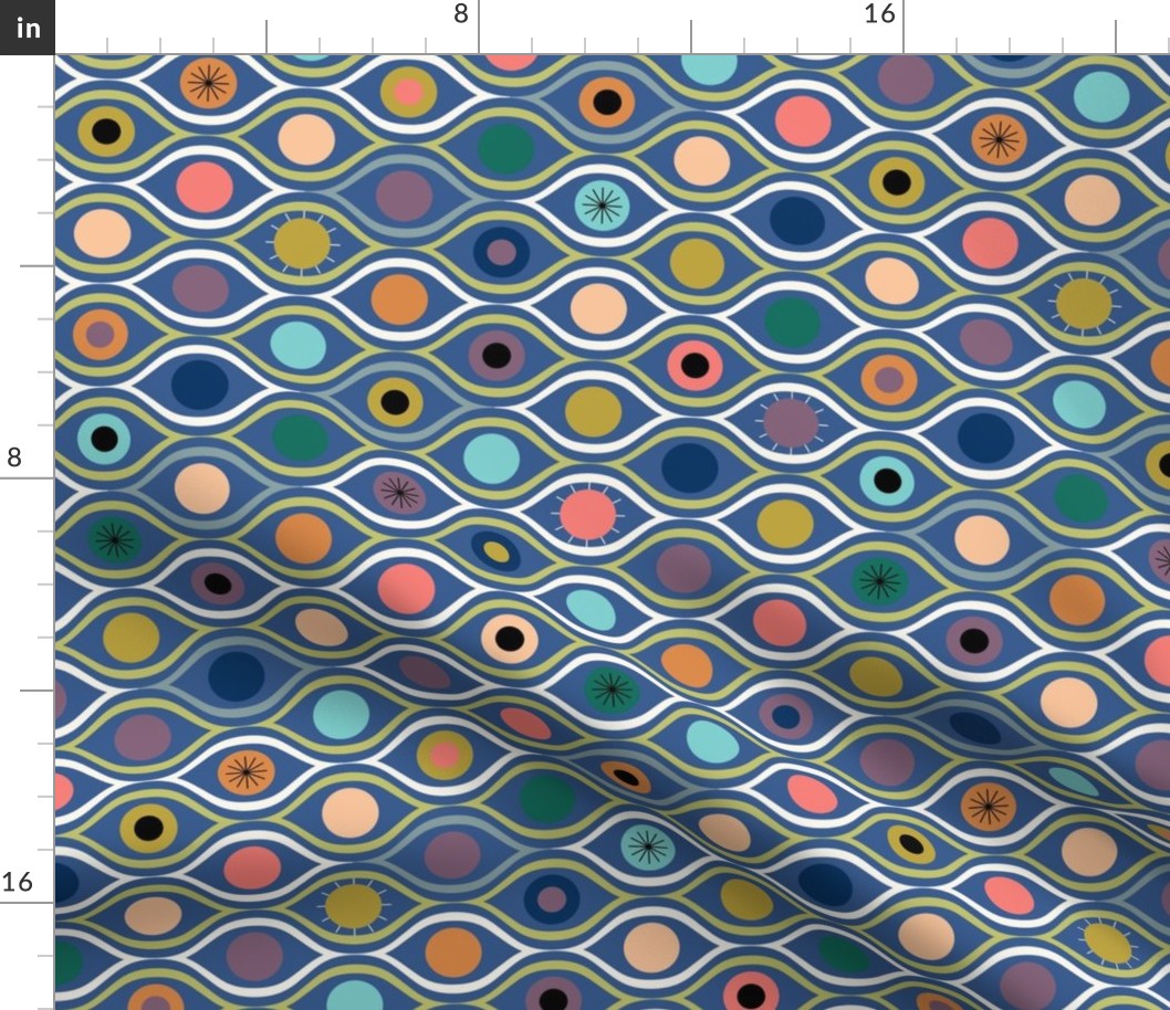 All eyes are on you - colorful repeating eyes on blue - bold abstract - medium