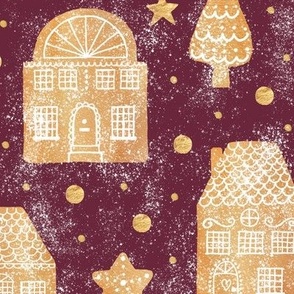 Gingerbread town houses on wine red - large scale