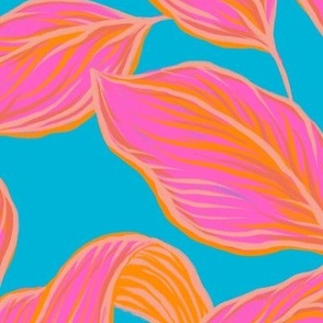 Bright Pink Tropical Leaves Barkcloth on Blue - Extra Large
