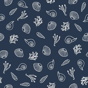 Navy Blue and White Seashells Coastal Nautical Print