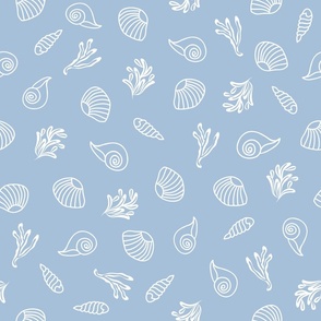 sky blue white seashells coastal pattern