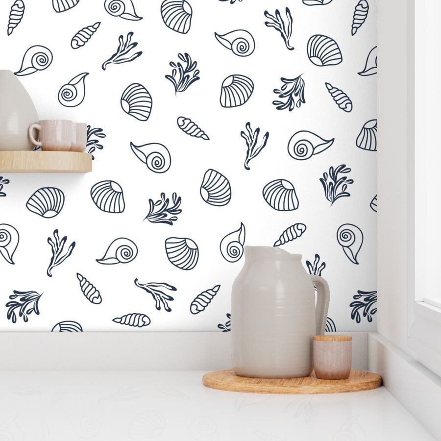 White Navy Blue Seashells Coastal Pattern