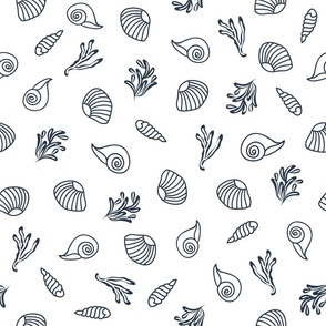 White Navy Blue Seashells Coastal Pattern