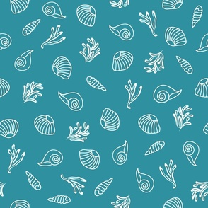 Lagoon Teal Blue and White Seashells Coastal Print